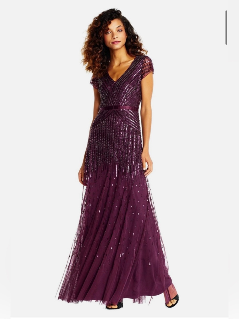 Adrianna Papell Women's Long Beaded V-Neck Dress Cap Sleeves & Waistband Size 6